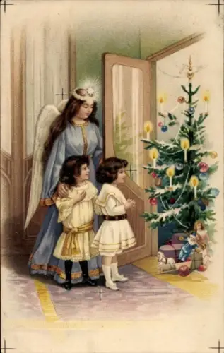 Ak Frohe Weihnachten, Tannenbaum, Engel, Kinder