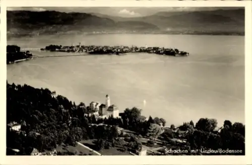 Ak Bad Schachen Lindau am Bodensee Schwaben, Luftaufnahme von Schachen,  Bodensee, Wasserlandscha