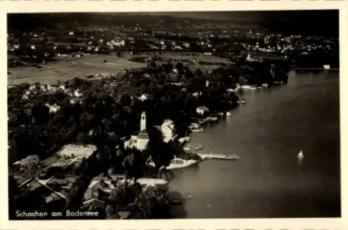 Ak Bad Schachen Lindau am Bodensee Schwaben, Landschaftsaufnahme, Bodensee, Schachen, Boot, Bäume