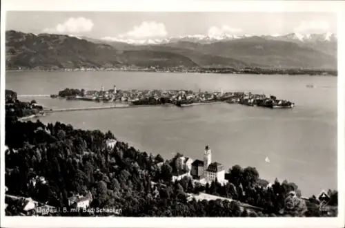 Ak Bad Schachen Lindau am Bodensee Schwaben, Luftaufnahme von  Bodensee, Berge im Hintergrund, Ba