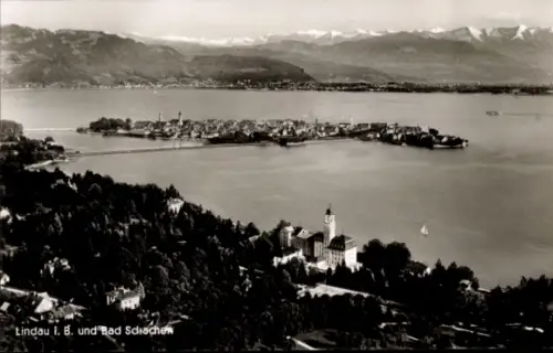 Ak Bad Schachen Lindau am Bodensee Schwaben,  Bad Schachen, Bodensee, Berge im Hintergrund