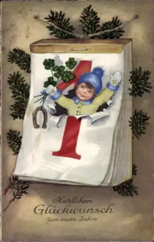 Ak Glückwunsch Neujahr, Kalender, Kind, Glücksklee, Hufeisen