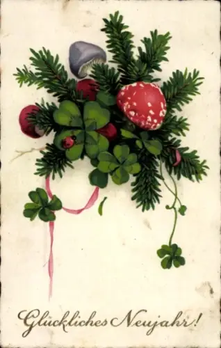 Ak Glückwunsch Neujahr, Pilze, Glücksklee, Tannenzweige