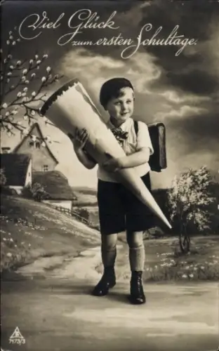 Ak Glückwunsch Einschulung, Schuljunge mit Zuckertüte