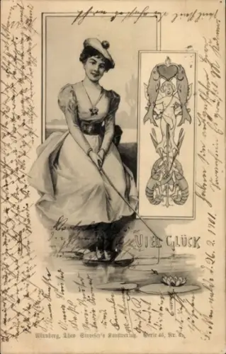 Ak Junge Frau beim Angeln, Glückwunsch 