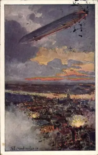 Künstler Ak von Eckenbrecher, Themistokles, Zeppelin über Antwerpen, Schlacht, I. WK