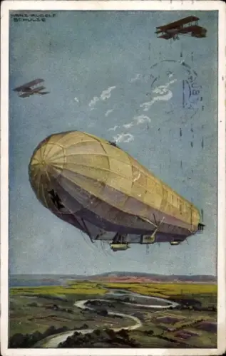 Künstler Ak Schulze, Hans Rudolf, Zeppelin Luftschiff Hansa im Kampf mit feindl. Fliegern, I WK