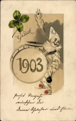 Präge Ak Glückwunsch Neujahr 1903, Kind mit Trommel, Glücksklee
