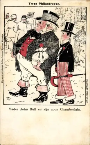 Künstler Ak Twee Philantropen, Vader John Bull en zijn zoon Chamberlain, Karikatur