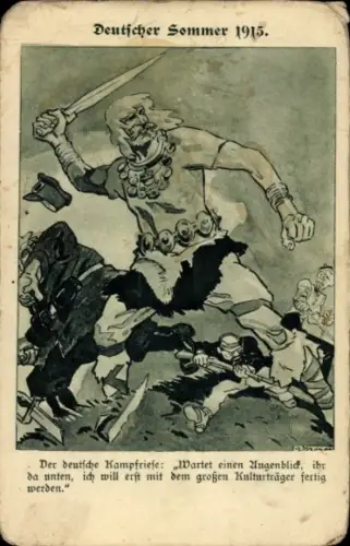 Künstler Ak Der deutsche Kampfriese, Wartet einen Augenblick, Kladderadatsch