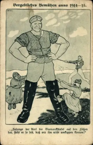 Künstler Ak Vergebliches Bemühen, Deutscher Michel, Bismarckstiefel, Kladderadatsch Nr. 7