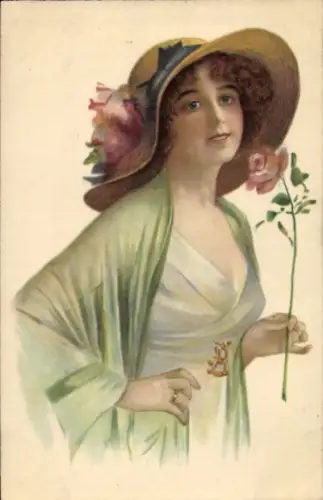 Ak Junge Frau mit Hut, Rose, Portrait
