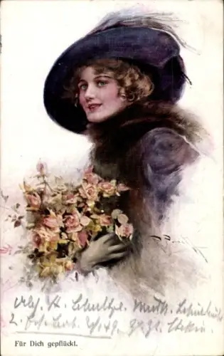 Künstler Ak Junge Frau mit Hut, Blumen, Für Dich gepflückt