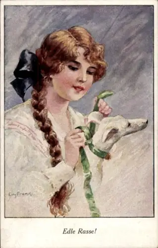 Künstler Ak Frank, Elly, Junge Frau mit Hund, Edle Rasse