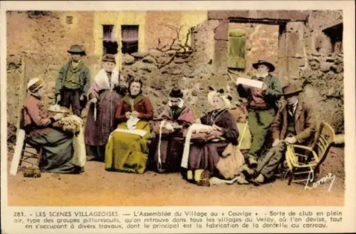 Ak Le Puy en Velay Haute Loire, Dorfbevölkerung, Spitzenklöpplerinnen und Männer in Tracht