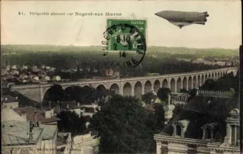 Ak Nogent sur Marne Val de Marne, Luftschiff über der Stadt, Viadukt