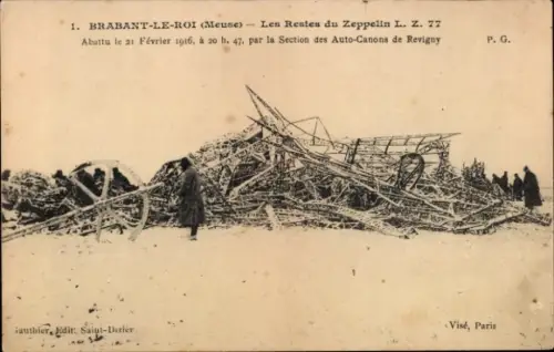 Ak Brabant le Roi Meuse, abgeschossener deutscher Zeppelin LZ 77, Trümmer, 1916