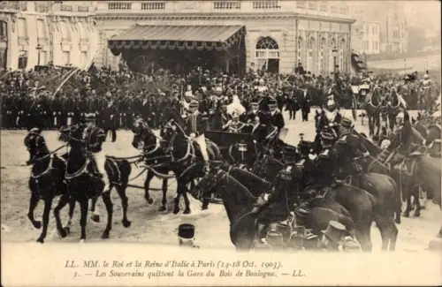 Ak Paris XVI, Bahnhof Bois de Boulogne, Italienisches Königspaar, Staatsbesuch 1903, Kutsche