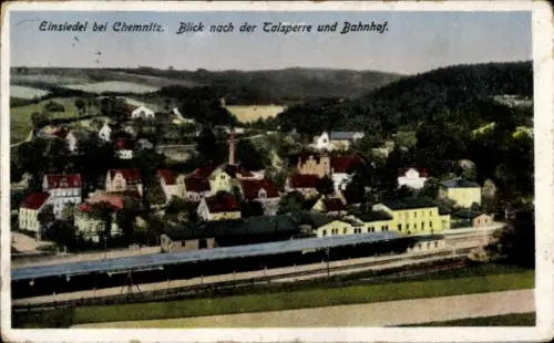 Ak Einsiedel Chemnitz, Blick nach der Talsperre und Bahnhof