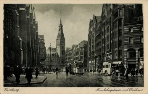 Ak Hamburg, Mönckebergstraße, Rathaus, Straßenbahn