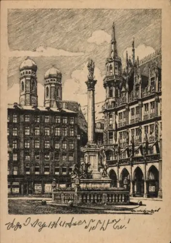 Künstler Ak Winkel, Karl, München, Marienplatz mit Mariensäule