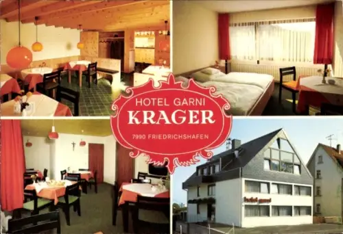 Ak Friedrichshafen am Bodensee, Hotel Garni Krager,  Innenansichten, Restaurant, Schlafzimmer