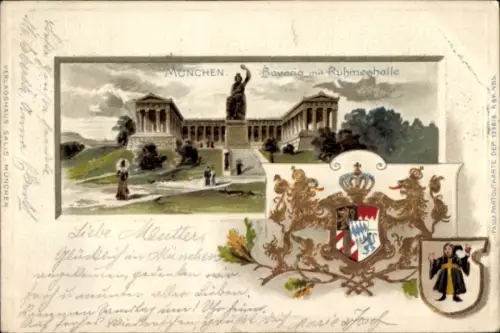 Präge Wappen Litho München Bayern, Bavaria mit Ruhmeshalle