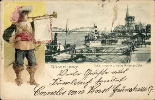 Ak Düsseldorf am Rhein, Rheinwerft, Neue Rheinbrücke, Trompeter