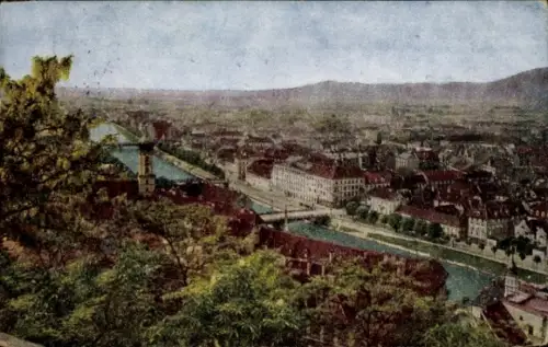 Ak Graz Steiermark, Panoramablick auf  Fluss, Brücken, Bäume, Häuser
