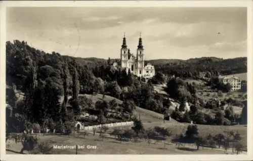Ak Mariatrost Graz Steiermark, Mariatrost bei Graz, Kloster, Landschaft, Bäume, Hügel
