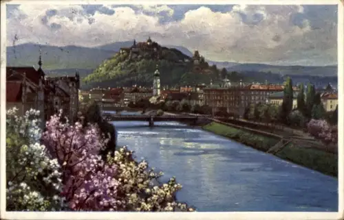 Ak Graz Steiermark, Flusslandschaft, Stadtansicht, Blumen, Berge,  Gebäude