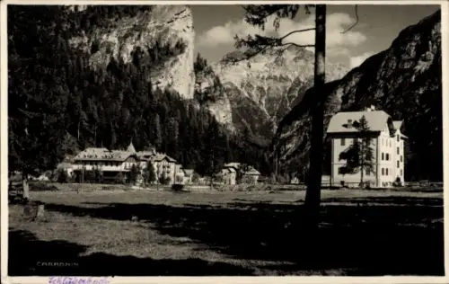 Ak Carbonin Schluderbach Toblach Dobbiaco Südtirol, Berglandschaft, Gebäude, Bäume, Schwarz-Weiß-