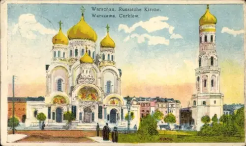Ak Warszawa Warschau Polen,  Russische Kirche, goldene Kuppeln, Glockenturm