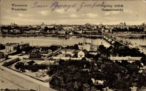 Ak Warszawa Warschau Polen, Gesamtansicht von  Fluss, Brücke, Stadtansicht
