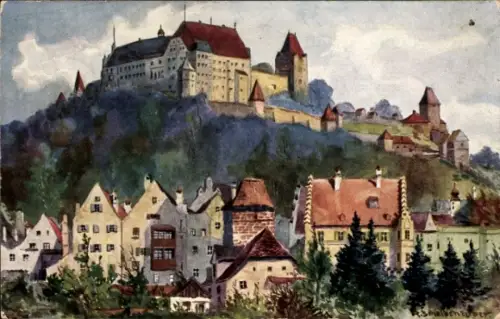 Ak Landshut in Niederbayern, Burg Trausnitz, Landschaft, Häuser, Bäume