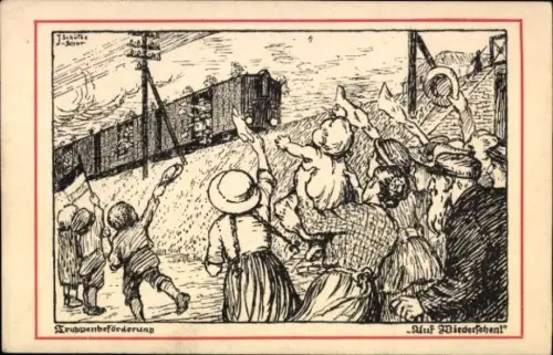 Ak Auf Wiedersehen, Menschen winken den Soldaten zum Abschied, Truppenbeförderung