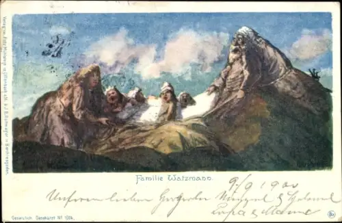 Künstler Ak Familie Watzmann, Watzmannsage, Berggesichter