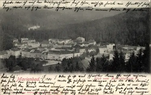 Ak Mariánské Lázně Marienbad Region Karlsbad, Landschaftsaufnahme,  Aussichtspunkt, handschriftli