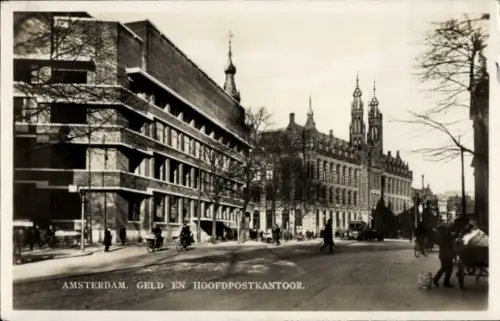 Ak Amsterdam Nordholland Niederlande,  Geld und Hauptpostamt, Straßenansicht,  Gebäude