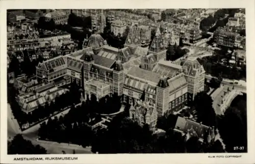 Ak Amsterdam Nordholland Niederlande, Luftaufnahme des Rijksmuseums,  schwarz-weiß, KLM Foto Copy