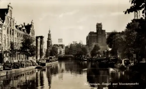 Ak Amsterdam Nordholland Niederlande,  Singel mit Blumenmarkt, Kanalansicht,  Autos