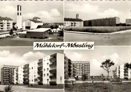 Ak Mößling Mühldorf am Inn Oberbayern, Wohnsiedlung, Kirche