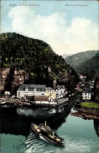 Ak Hřensko Herrnskretschen Elbe Region Aussig, Flusslandschaft, Hotel, Dampfschiff, Sächsische Sc