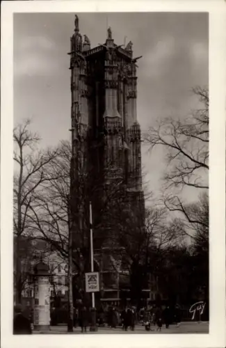 Ak Paris IV Ile de la Cité, La Tour St-Jacques, Schwarz-Weiß-Foto, Bäume im Vordergrund, keine Pe