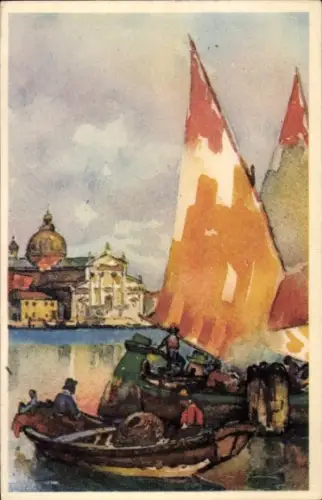 Ak Venezia Venedig Veneto, Isola di S. Giorgio, Fischer in ihren Booten