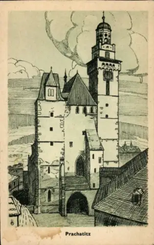 Ak Prachatice Prachatitz Südböhmen, St. Jakobskirche,  13. Jahrhundert, imposanter Eindruck