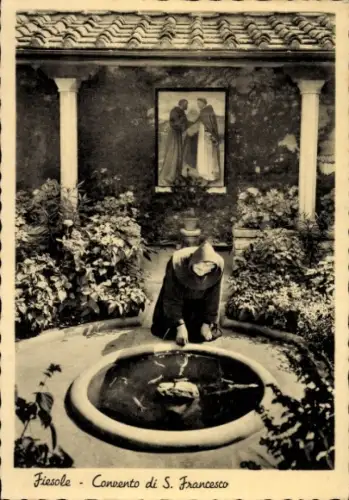 Ak Fiesole Toscana, Frau im Garten, Brunnen, Gemälde im Hintergrund,  Convento di S. Francesco