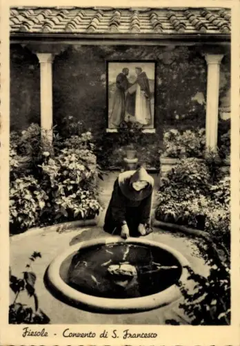Ak Fiesole Toscana, Frau am Brunnen, Garten mit Pflanzen, Bild von zwei Personen im Hintergrund