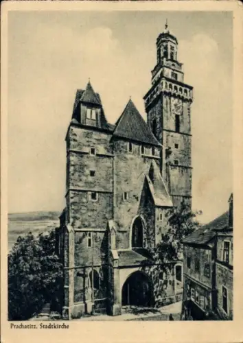 Ak Prachatice Prachatitz Südböhmen, Stadtkirche  Uhrturm,  Architektur