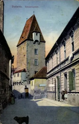 Ak České Budějovice Budweis Südböhmen,  Schantzgasse, Turm, Straße, Hund